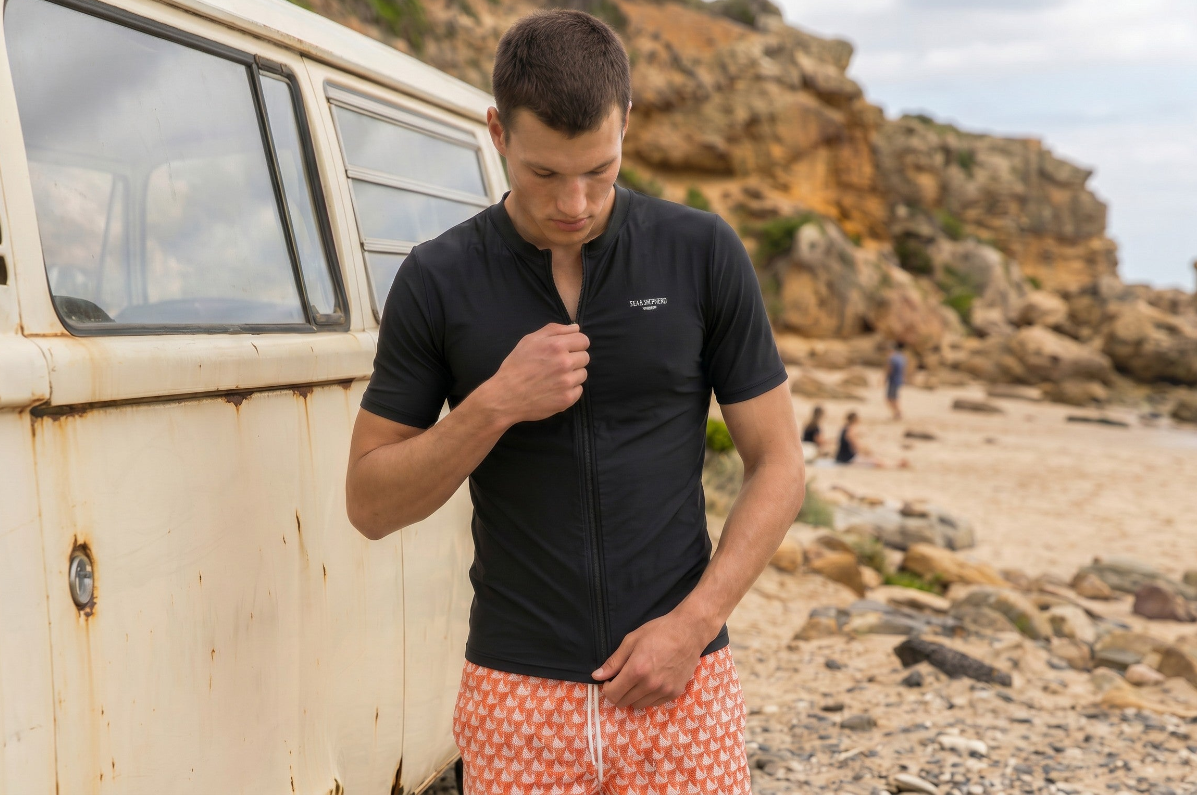 Man wearing a Jack Rabbit Swims black zip rashie, zipping up on a rocky beach next to a vintage van
