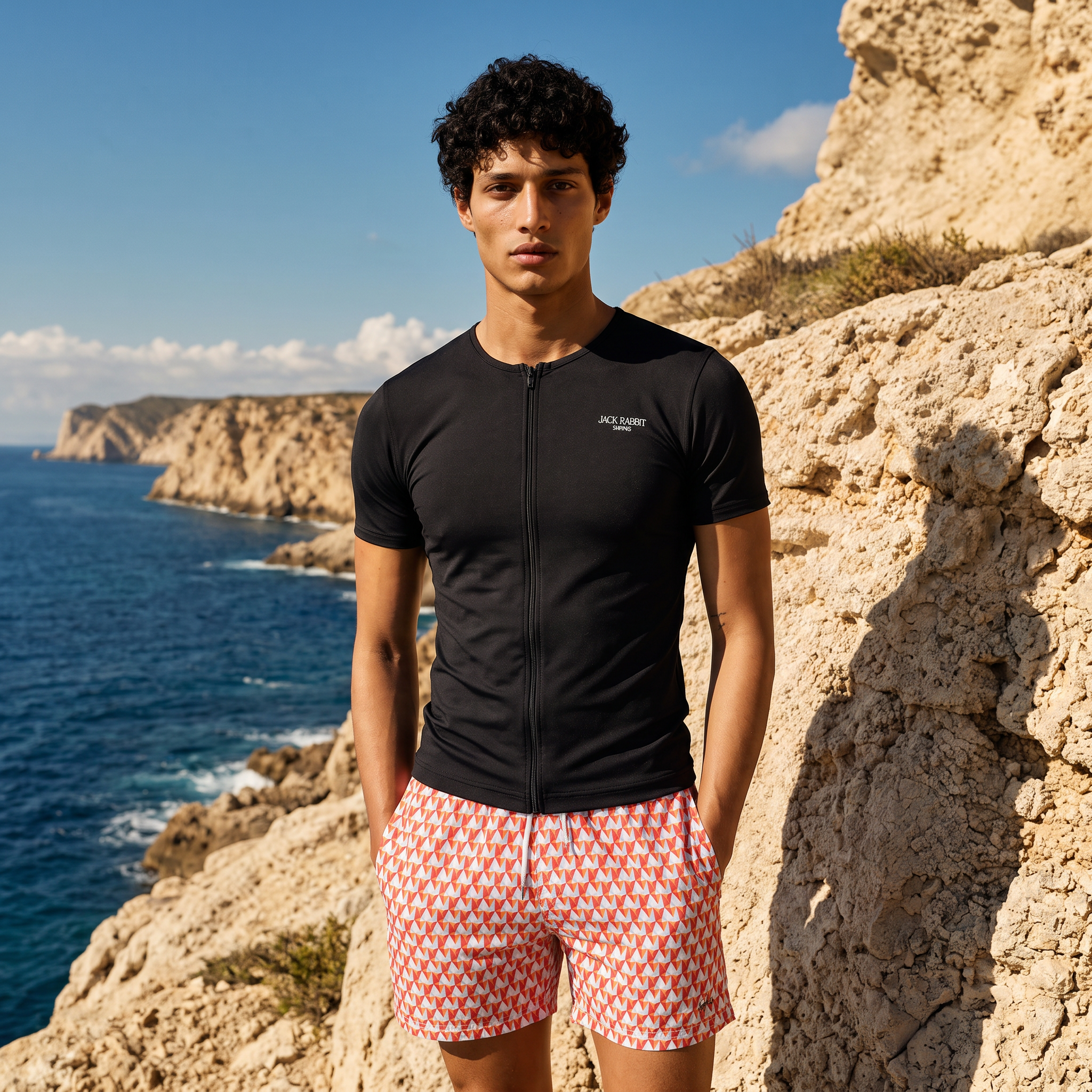 A man stands on a rocky coastal cliff wearing a Jack Rabbit Swims black zip rashie and Jack Rabbit Swims Kite swim shorts, with blue ocean and sky in the background.