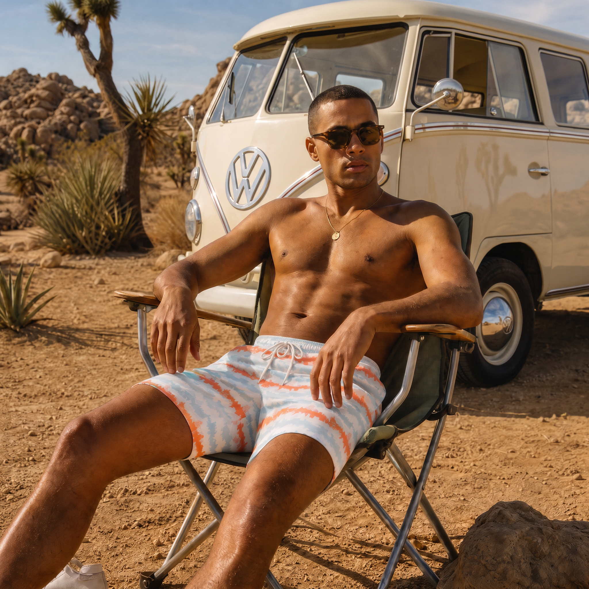 A shirtless man wearing Jack Rabbit Swms Coral swim Shorts and sunglasses sits in a folding chair in a desert setting, with a vintage Volkswagen van in the background.